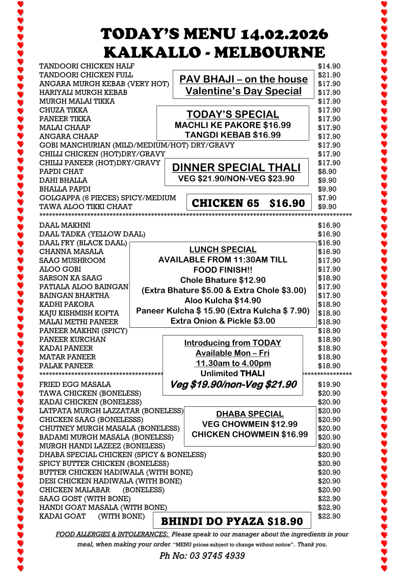 Menu, Mitran Da Dhaba Kalkallo