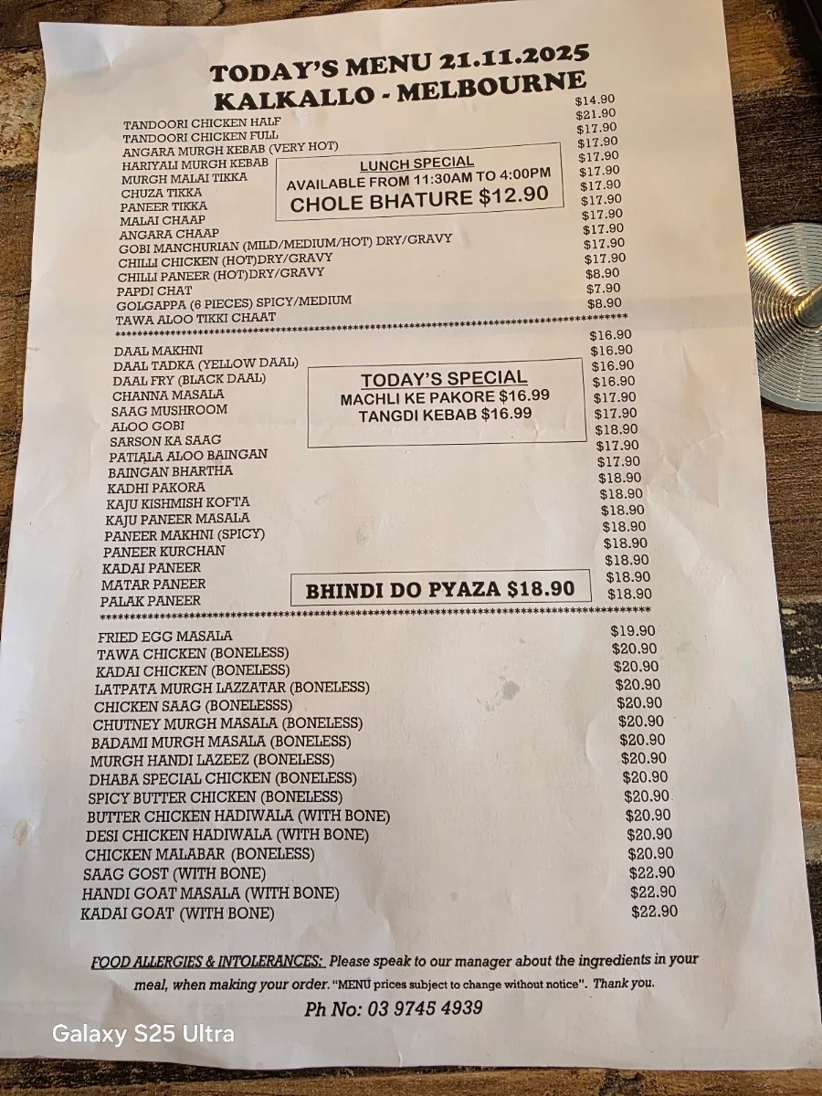 Menu, Mitran Da Dhaba Kalkallo