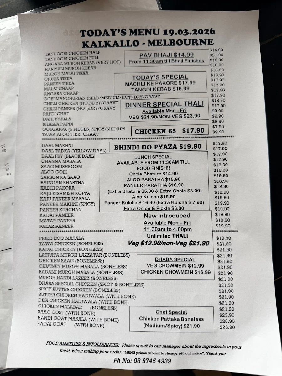 Menu, Mitran Da Dhaba Kalkallo