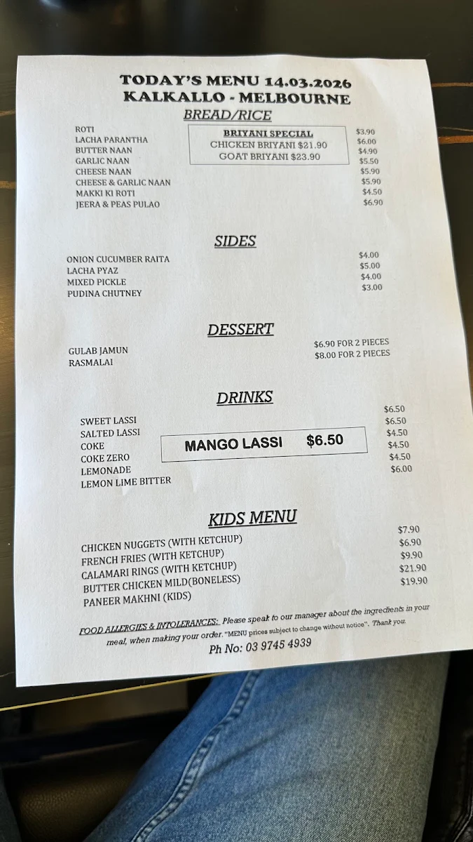 Menu, Mitran Da Dhaba Kalkallo