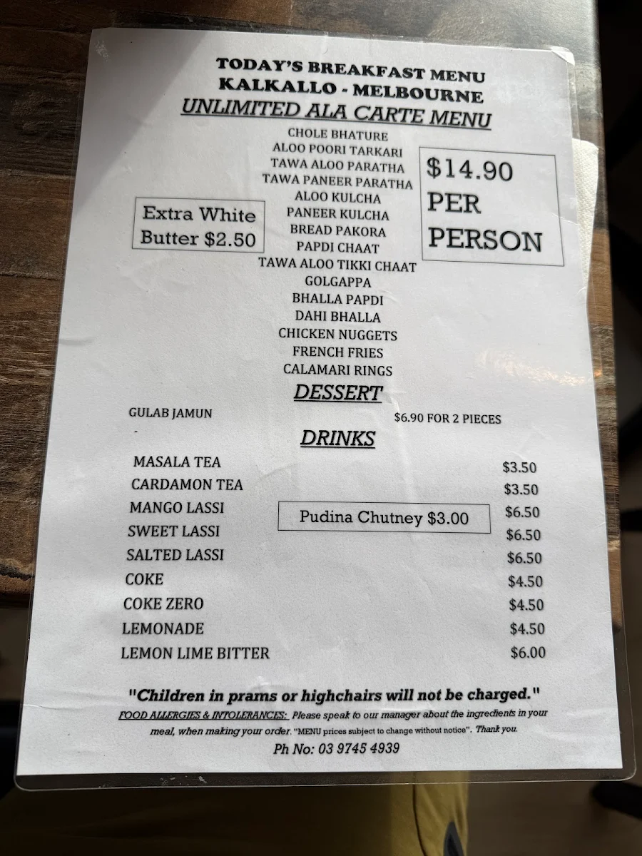Menu, Mitran Da Dhaba Kalkallo