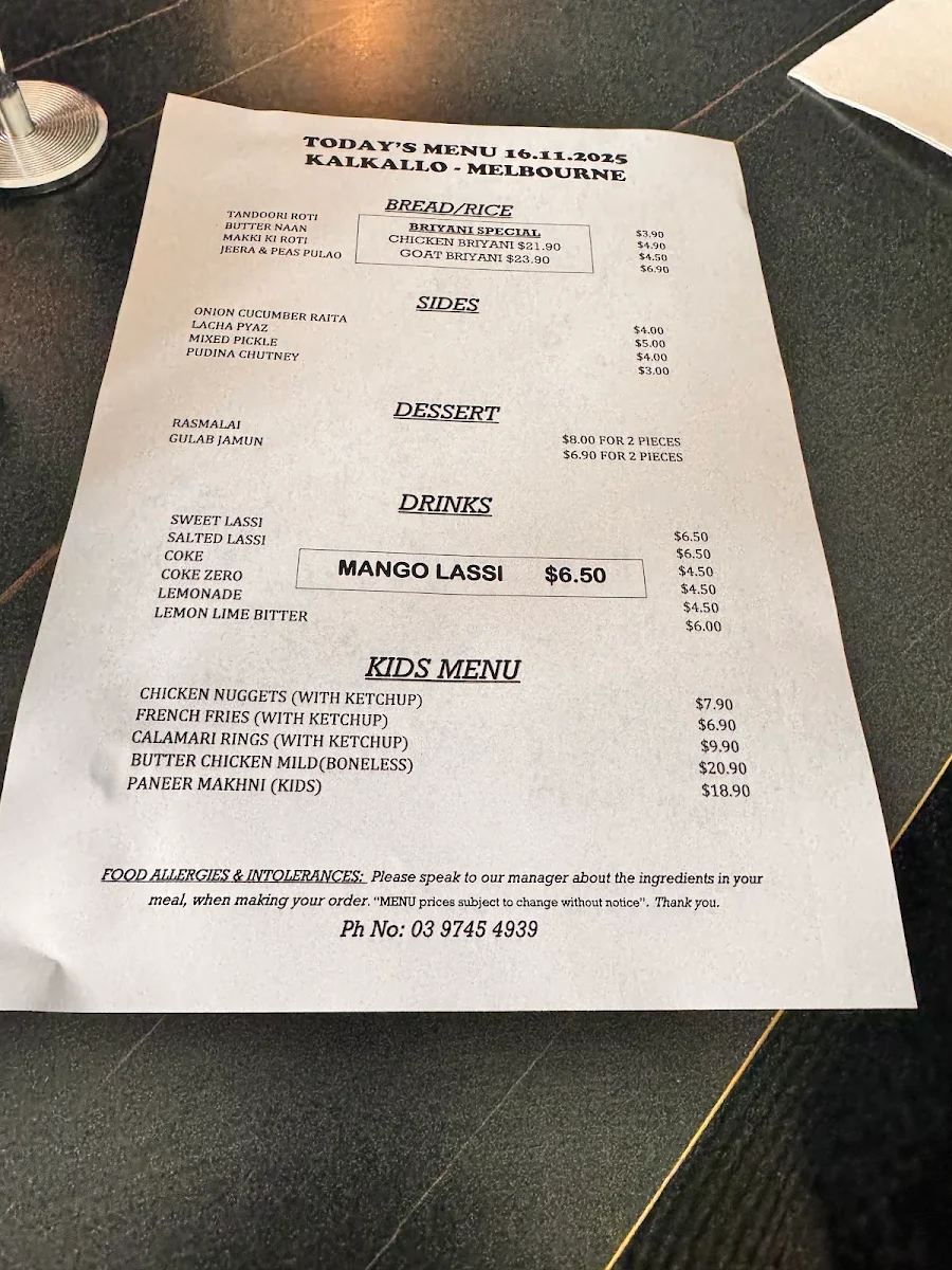 Menu, Mitran Da Dhaba Kalkallo