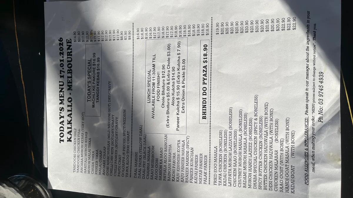 Menu, Mitran Da Dhaba Kalkallo