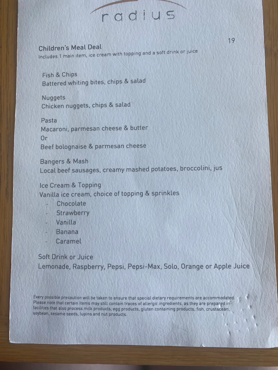 Menu, Radius Restaurant