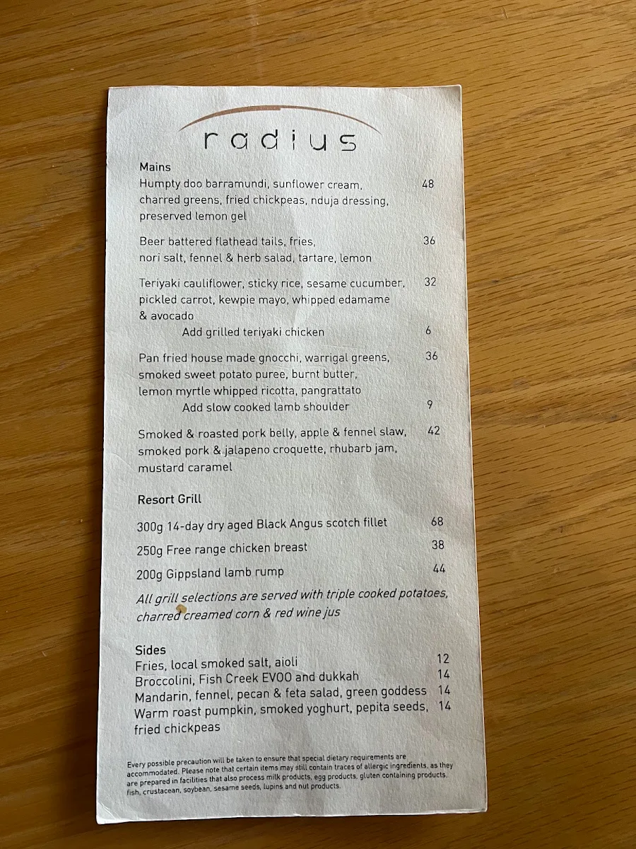 Menu, Radius Restaurant