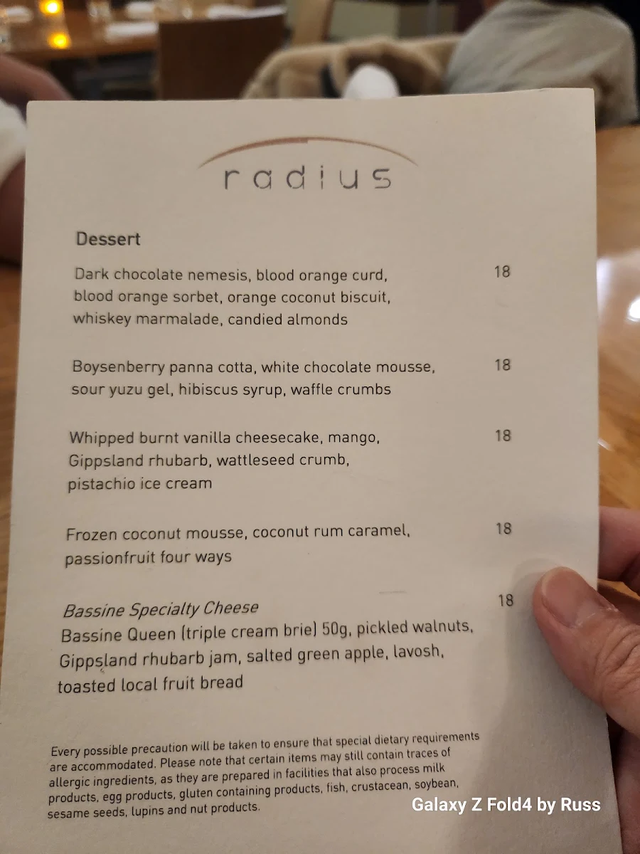 Menu, Radius Restaurant