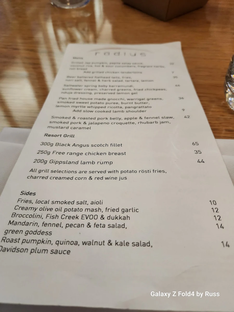 Menu, Radius Restaurant