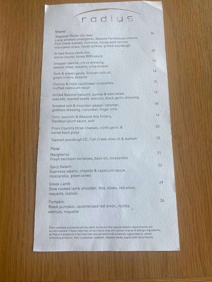 Menu, Radius Restaurant