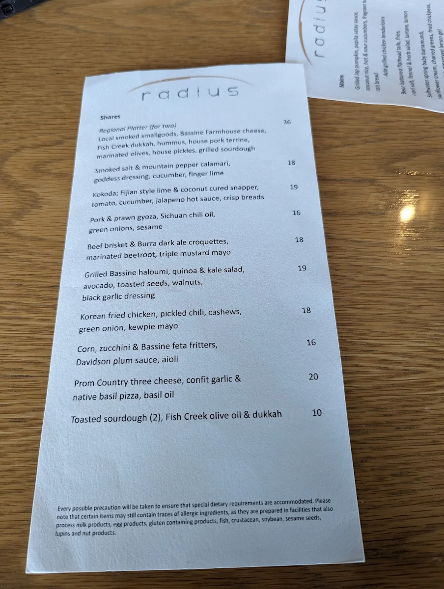 Menu, Radius Restaurant