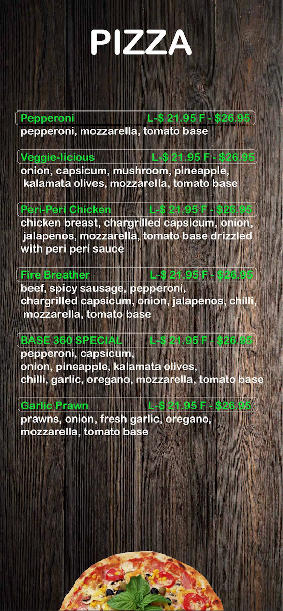 Menu, Base 360 - Pizza, Pasta, Burgers & Wings