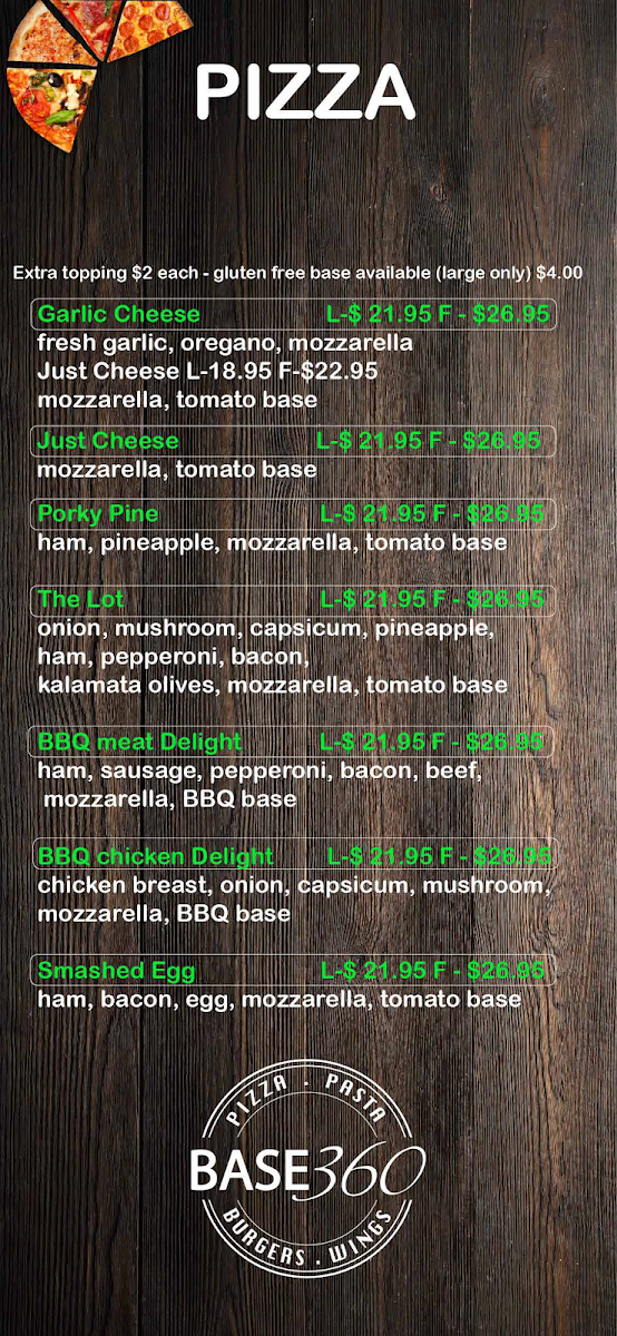 Menu, Base 360 - Pizza, Pasta, Burgers & Wings