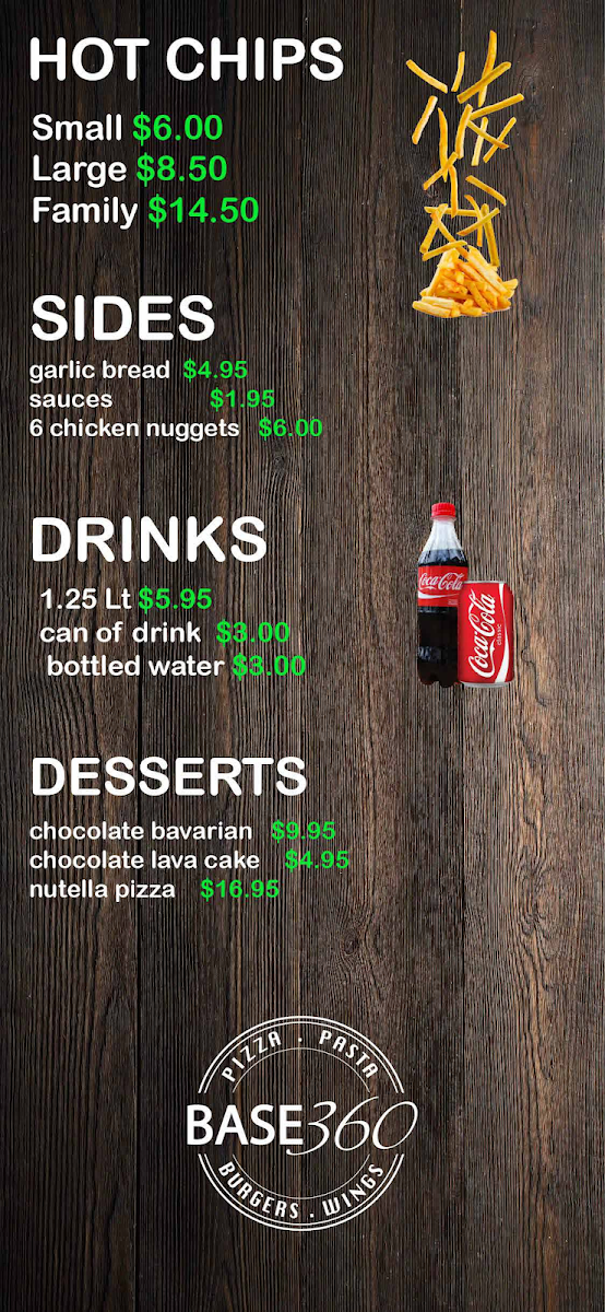 Menu, Base 360 - Pizza, Pasta, Burgers & Wings