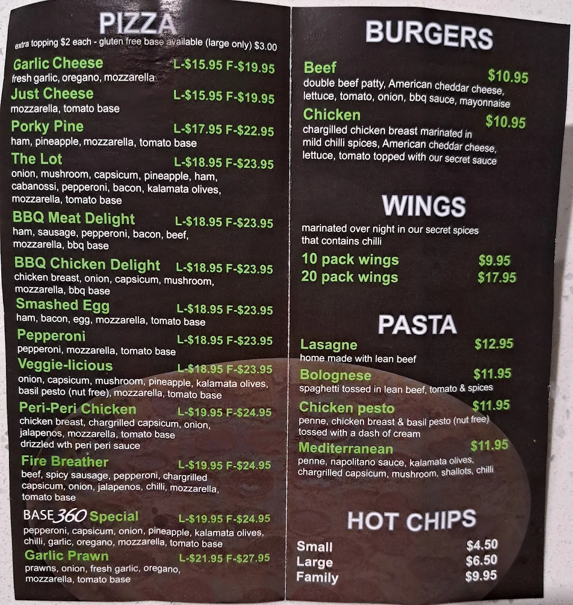 Menu, Base 360 - Pizza, Pasta, Burgers & Wings