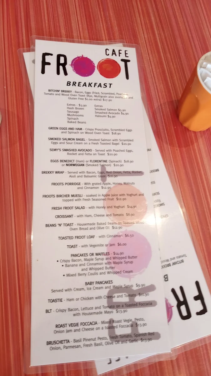 Menu, Cafe Froot