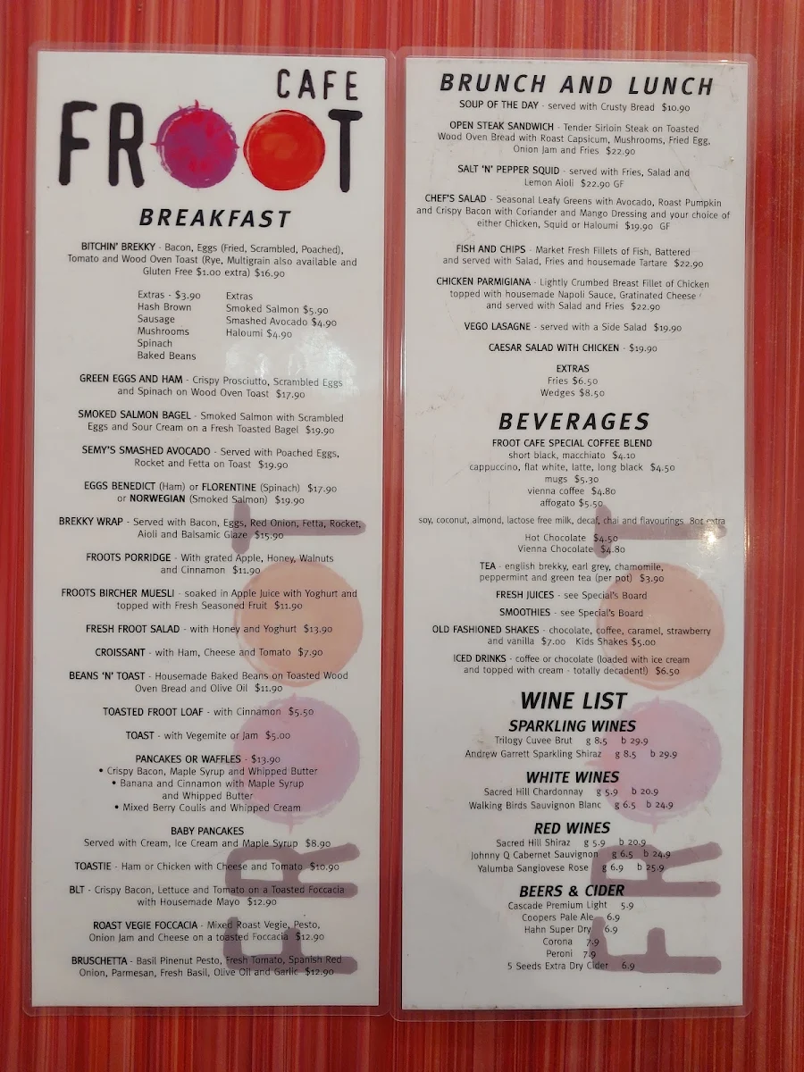 Menu, Cafe Froot