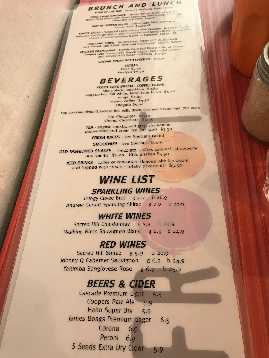 Menu, Cafe Froot