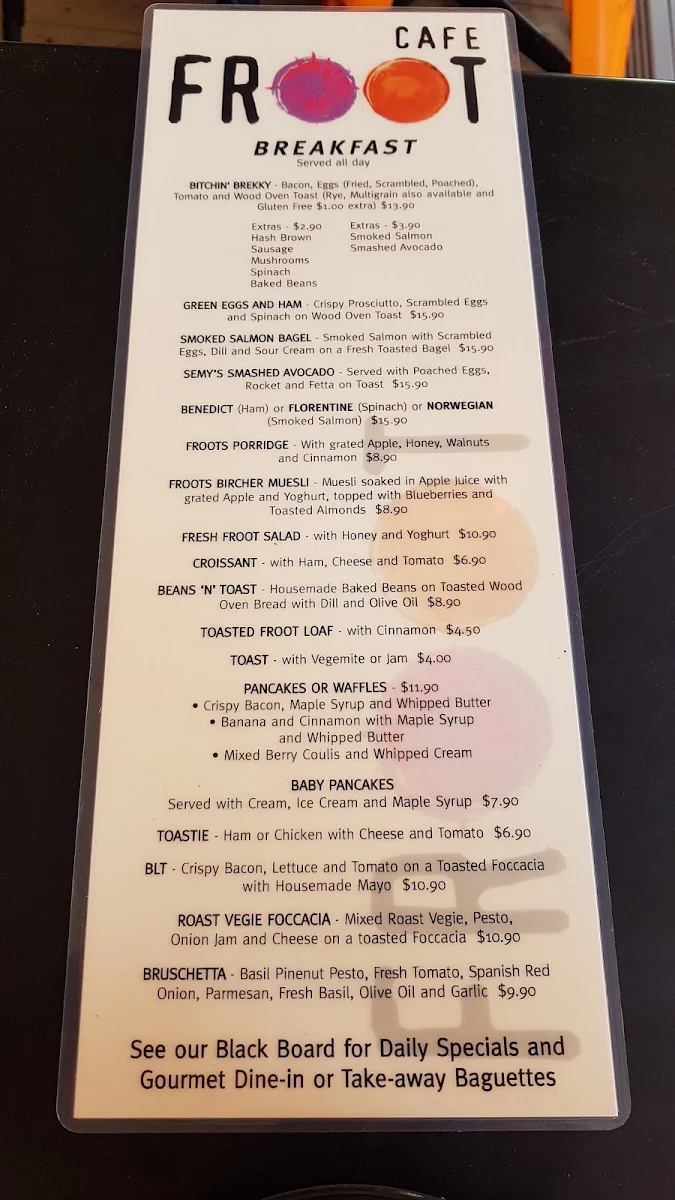 Menu, Cafe Froot