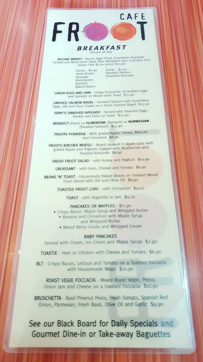 Menu, Cafe Froot