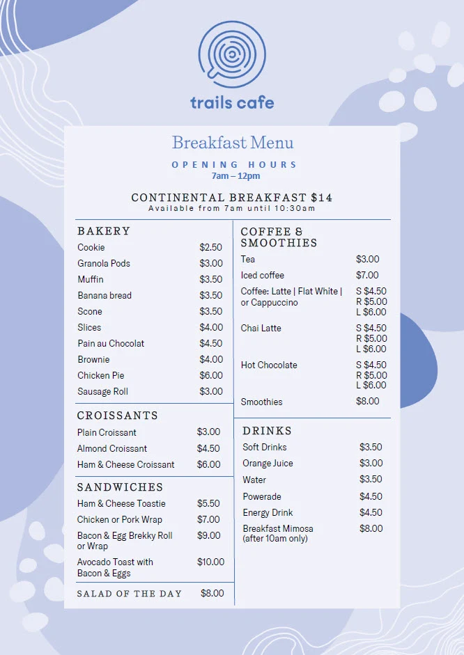 Menu, Trails Cafe at YHA Brisbane City