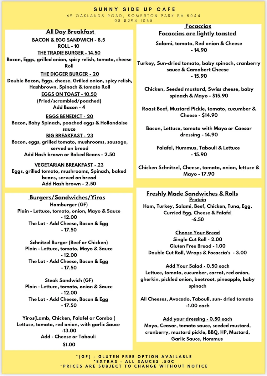 Menu, Sunny Side Up Cafe