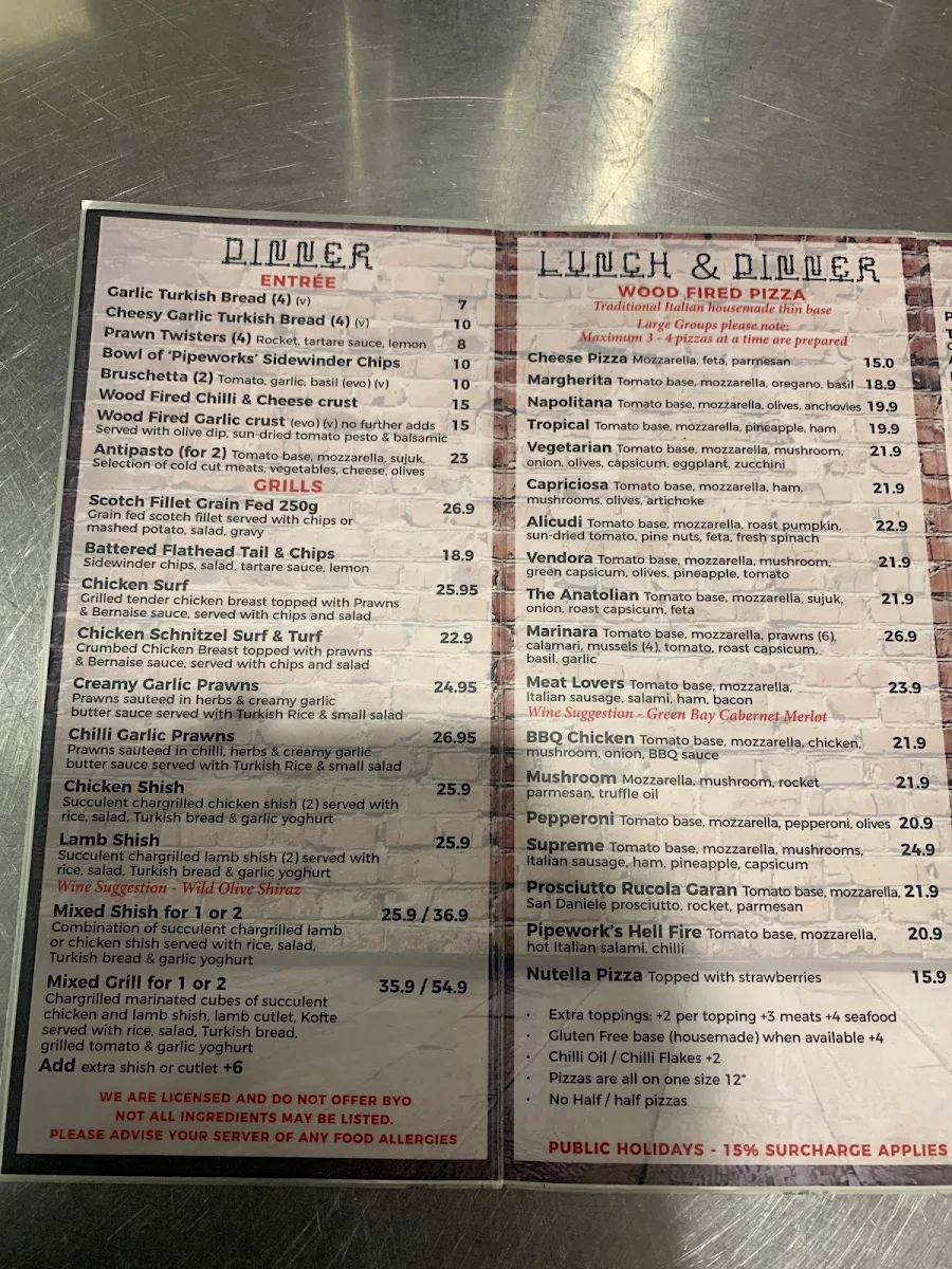 Menu, Pipeworks Cafe