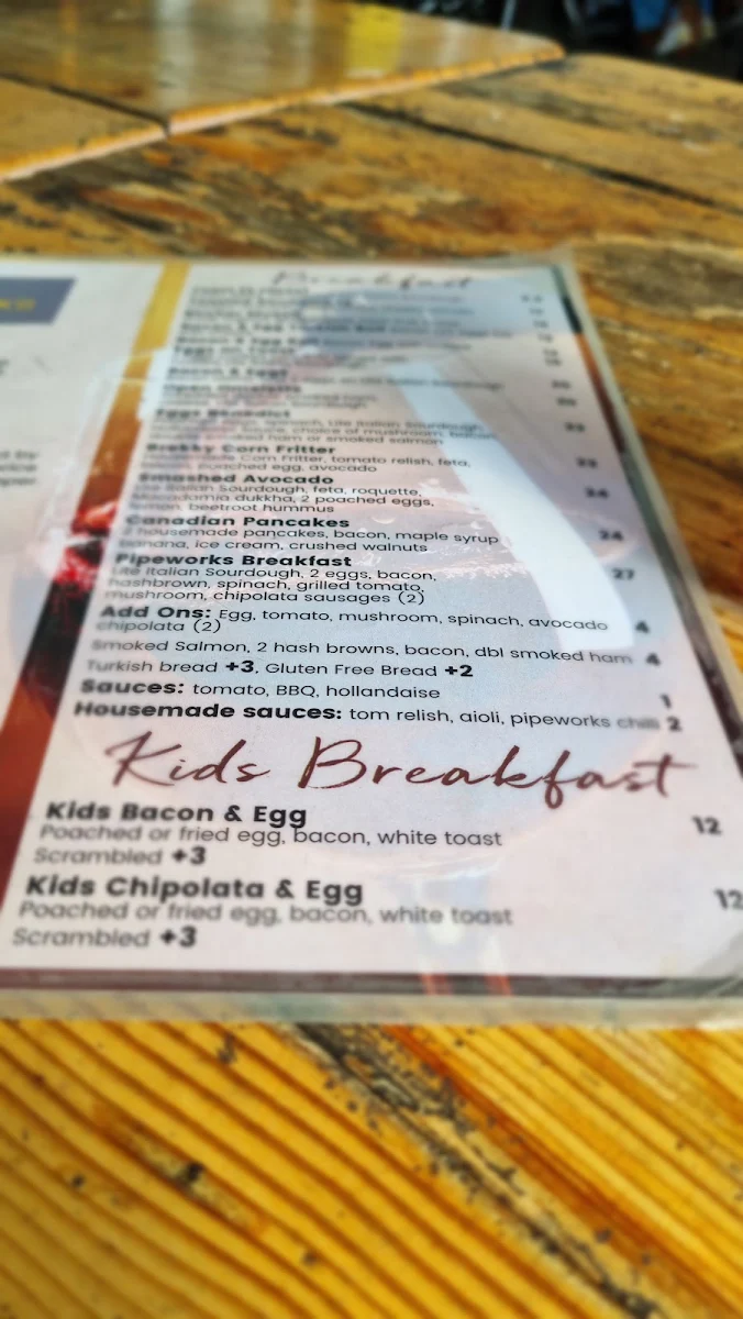 Menu, Pipeworks Cafe