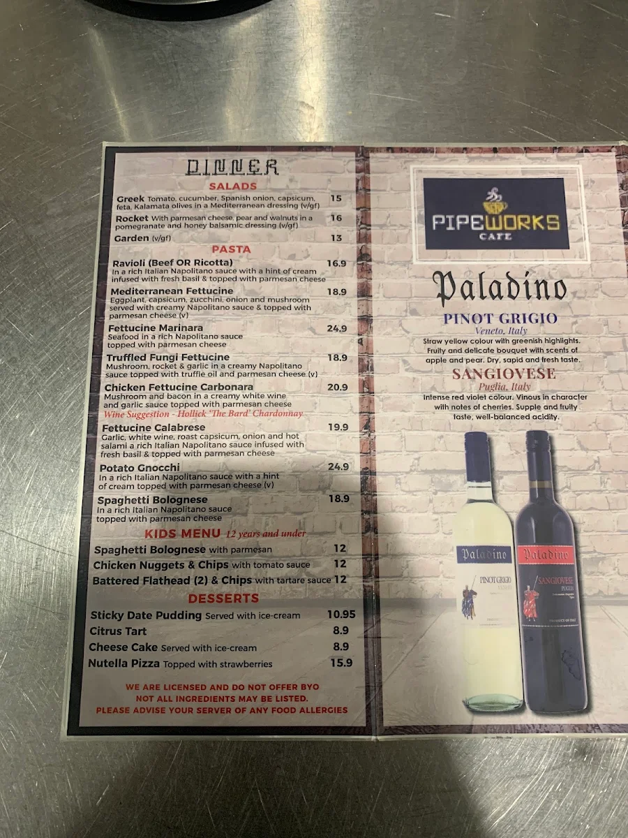 Menu, Pipeworks Cafe