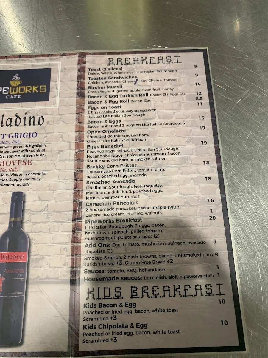 Menu, Pipeworks Cafe