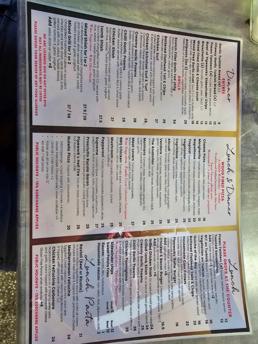 Menu, Pipeworks Cafe