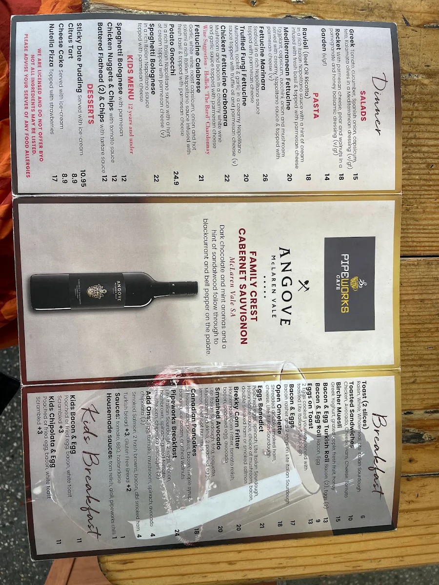 Menu, Pipeworks Cafe