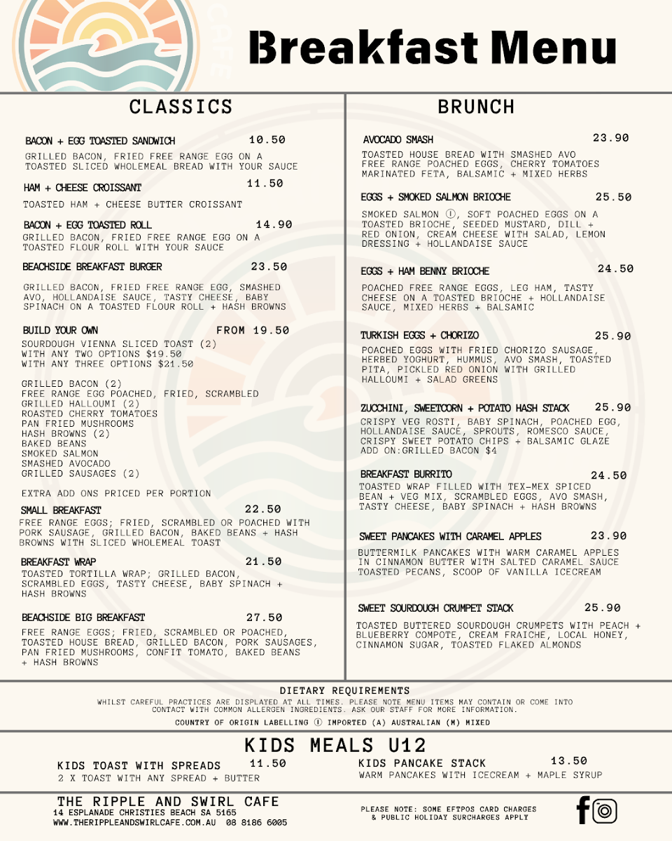 Menu, The ripple & swirl cafe