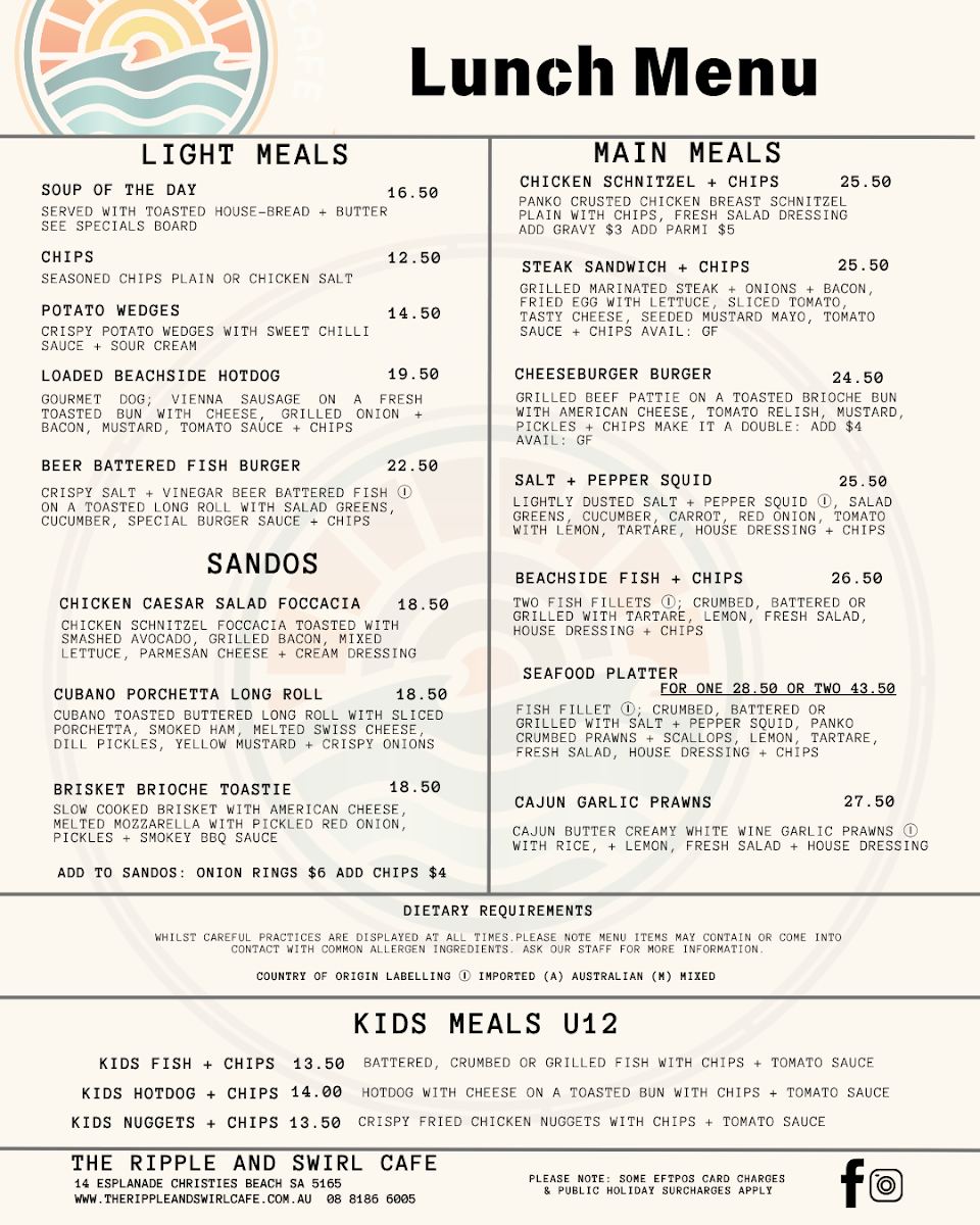 Menu, The ripple & swirl cafe