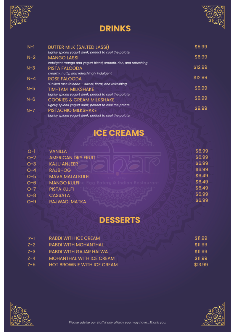 Menu, AAHAR - The Egg Eatery And Indian Cafe