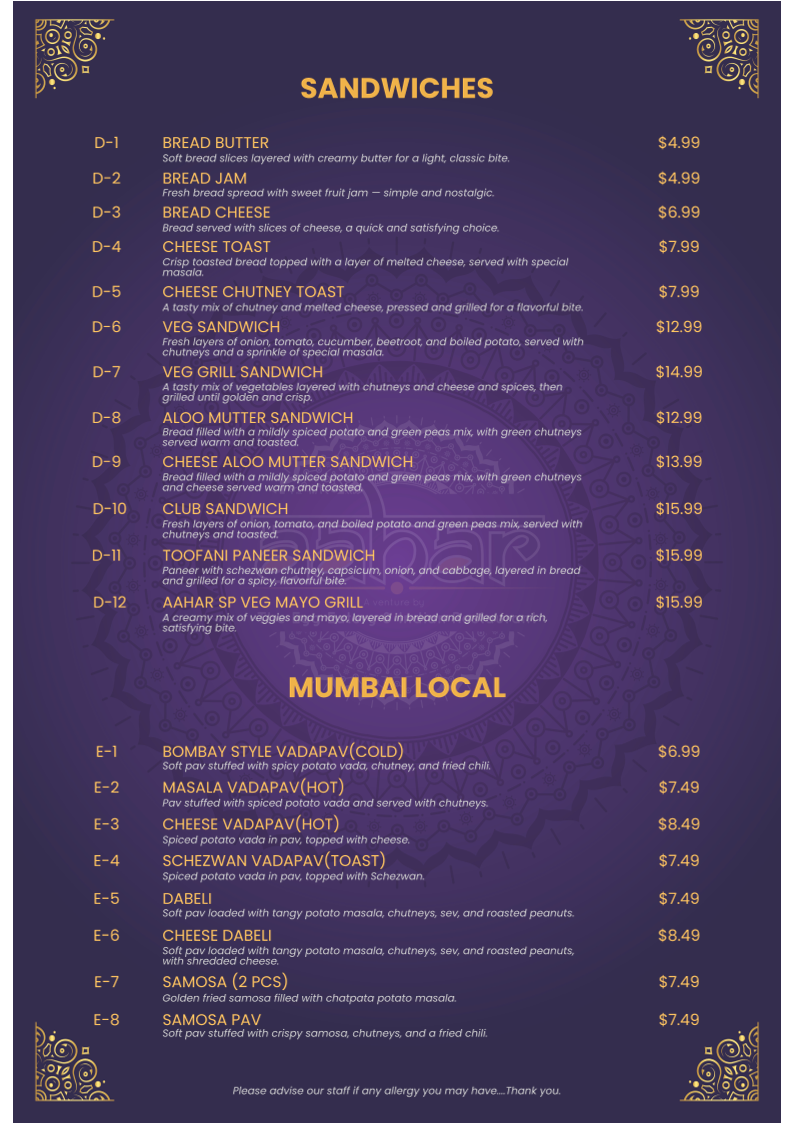 Menu, AAHAR - The Egg Eatery And Indian Cafe