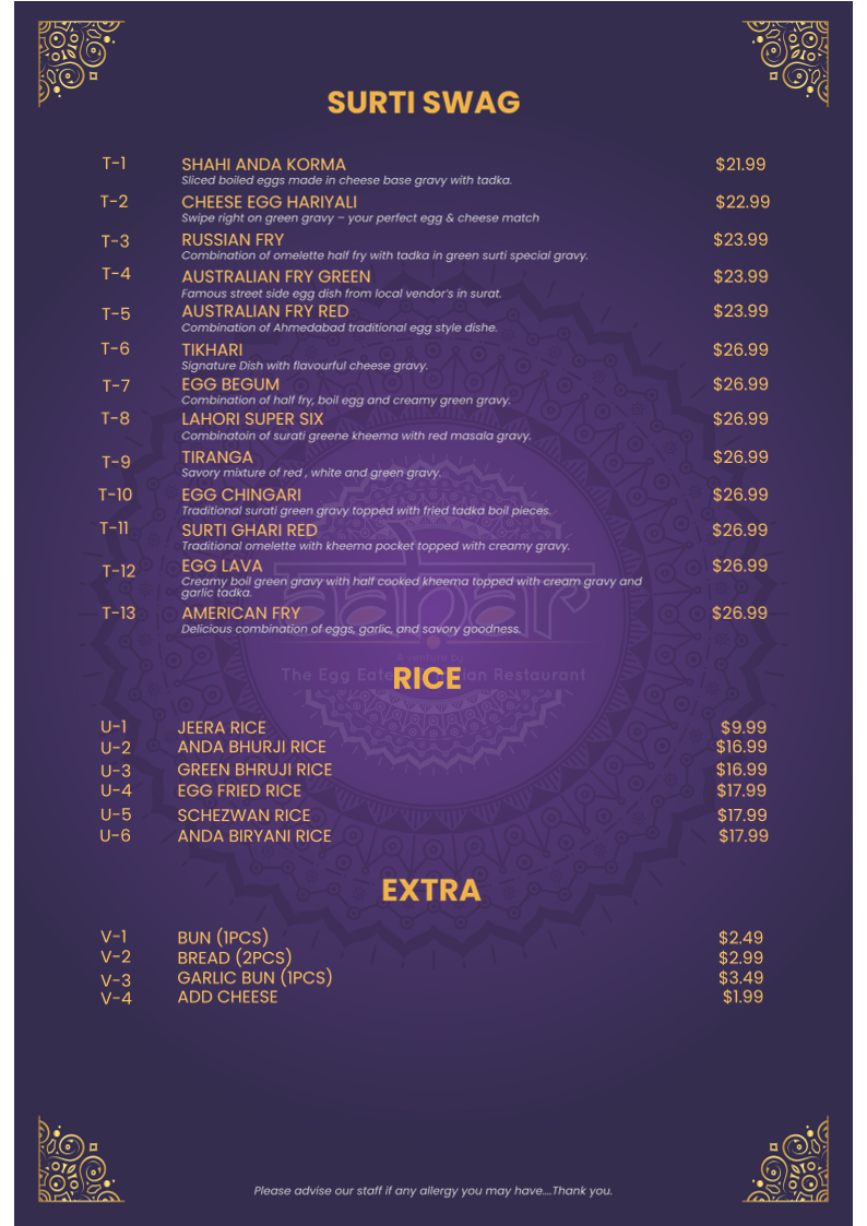 Menu, AAHAR - The Egg Eatery And Indian Cafe