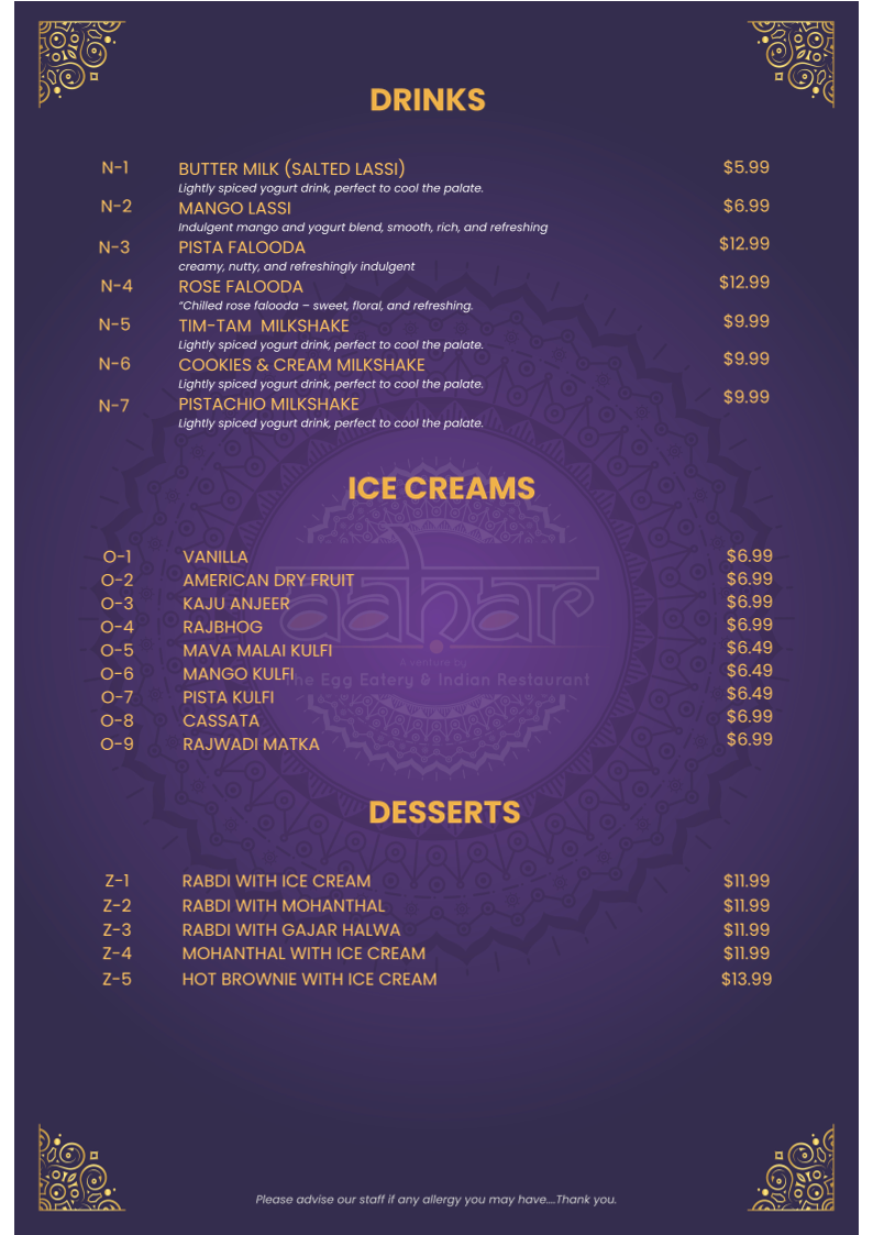 Menu, AAHAR - The Egg Eatery And Indian Cafe