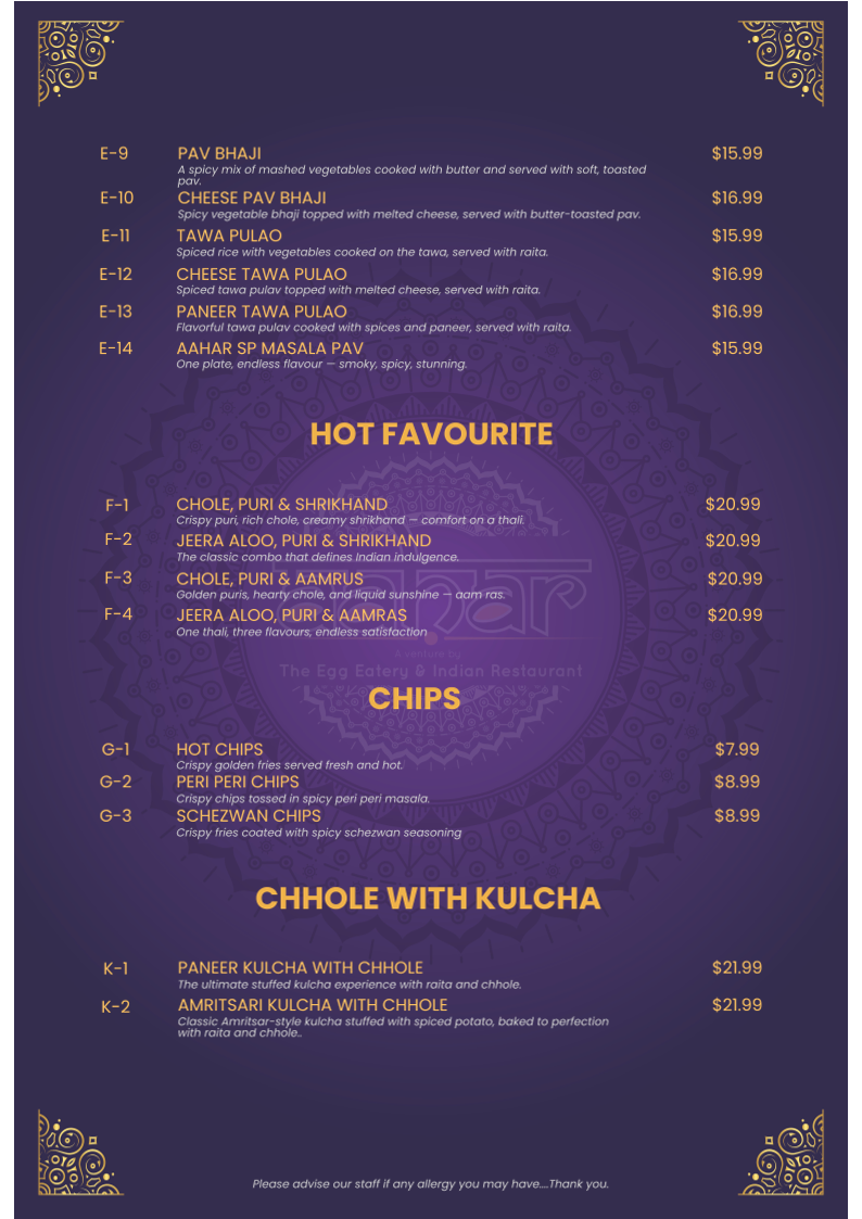 Menu, AAHAR - The Egg Eatery And Indian Cafe