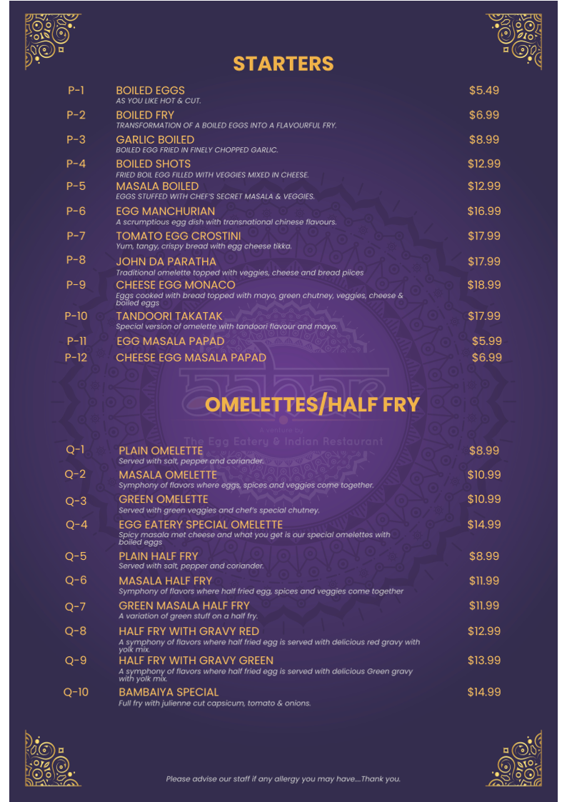 Menu, AAHAR - The Egg Eatery And Indian Cafe