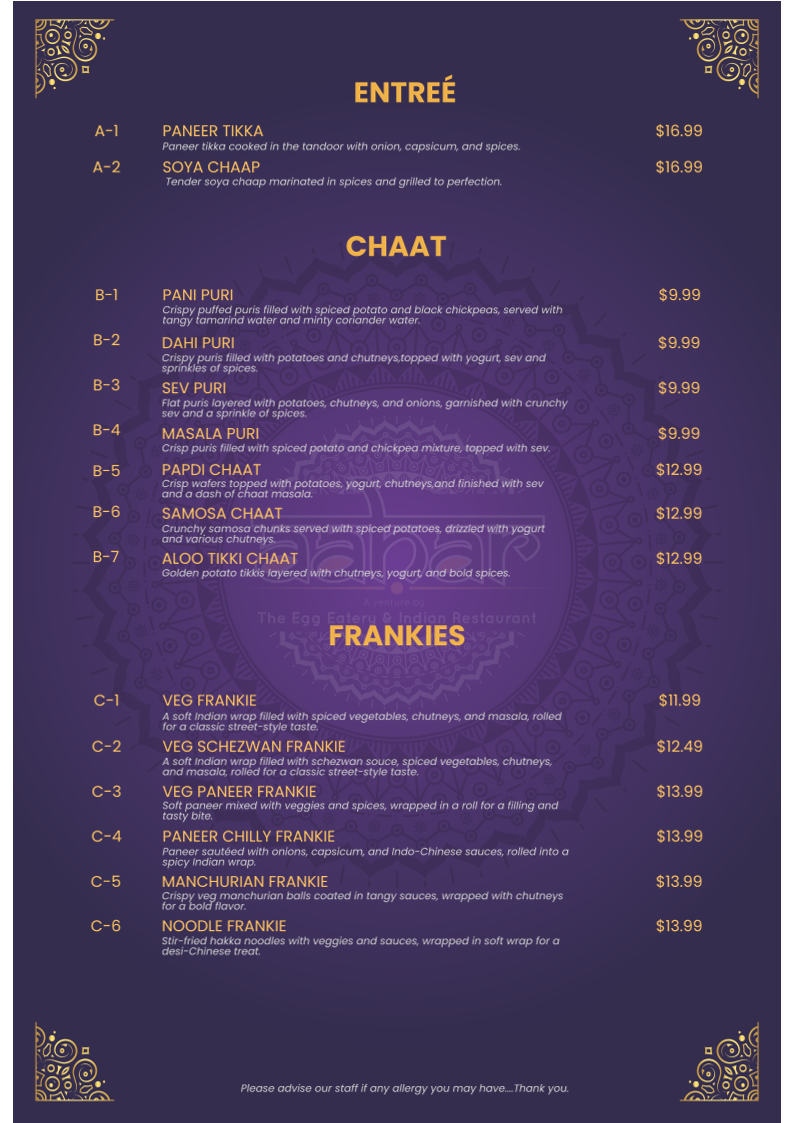 Menu, AAHAR - The Egg Eatery And Indian Cafe
