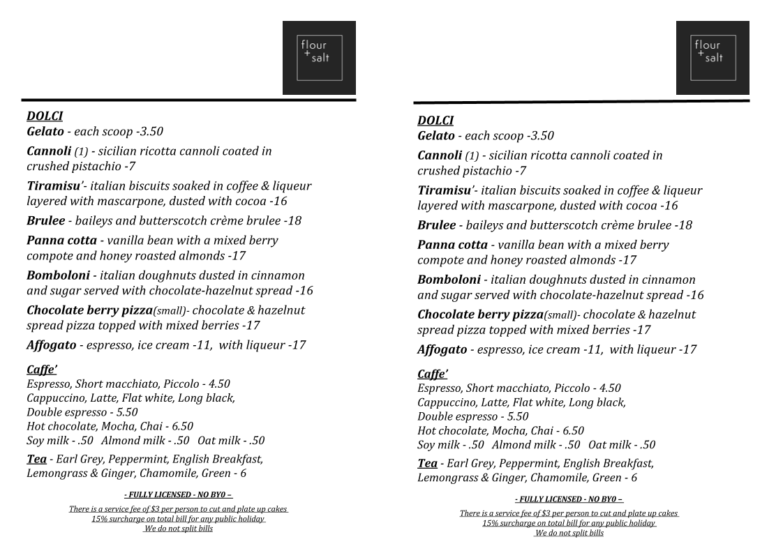 Menu, Flour + Salt