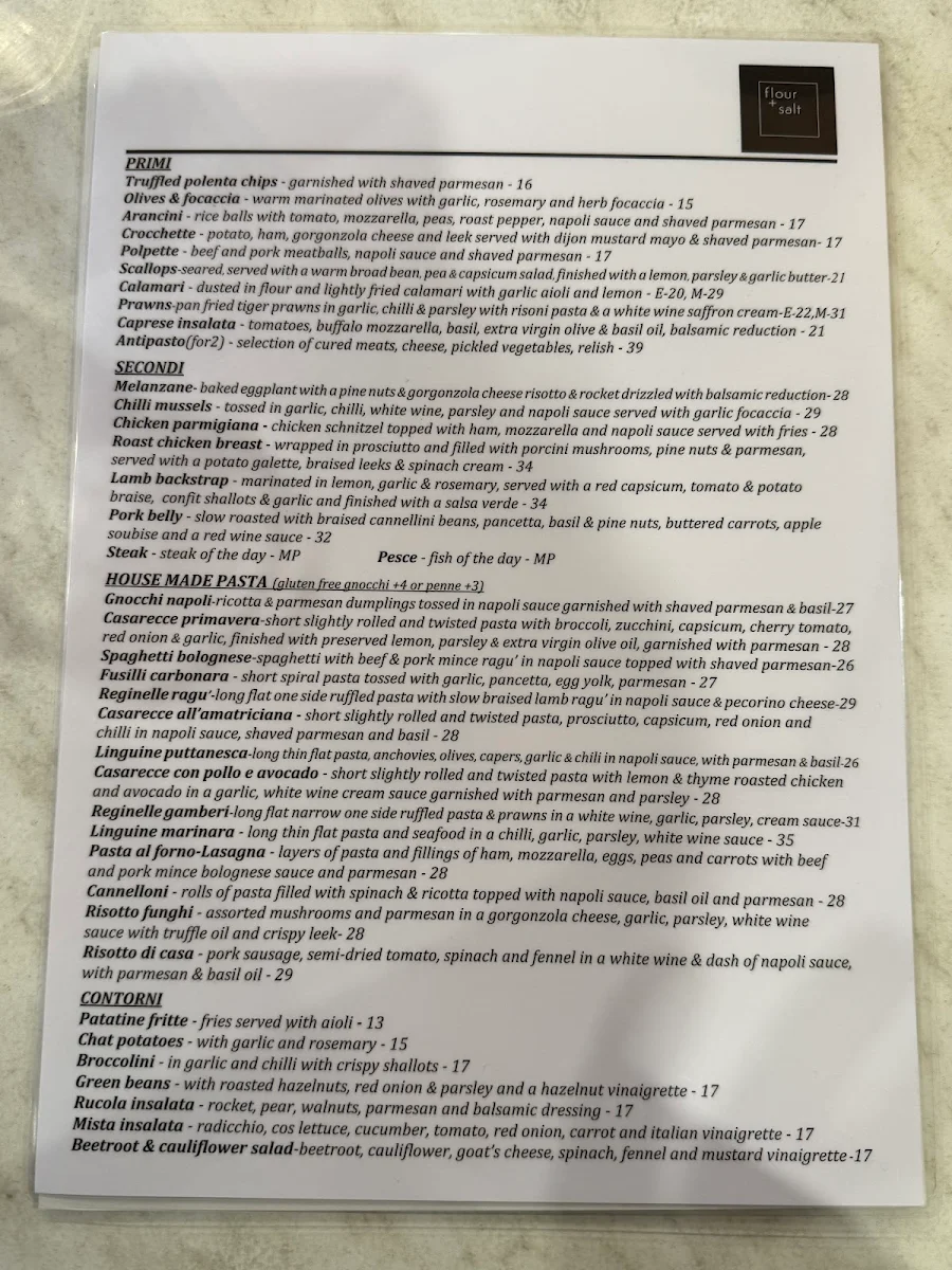 Menu, Flour + Salt