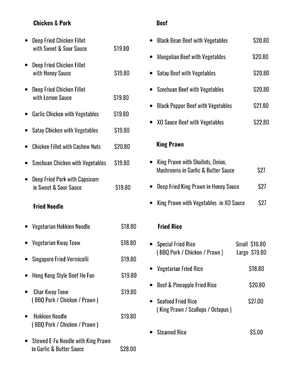 Menu, Top One Hong Kong BBQ House
