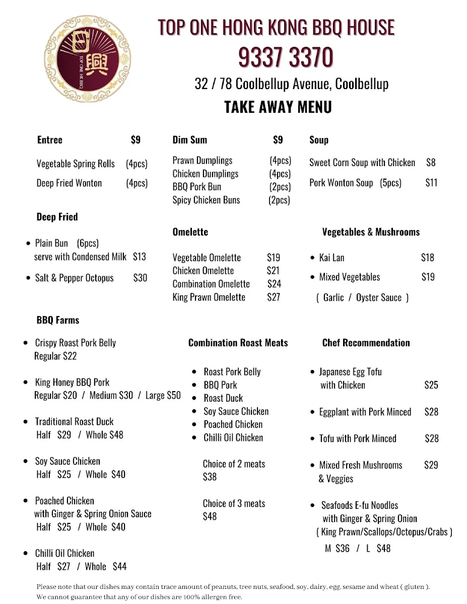 Menu, Top One Hong Kong BBQ House