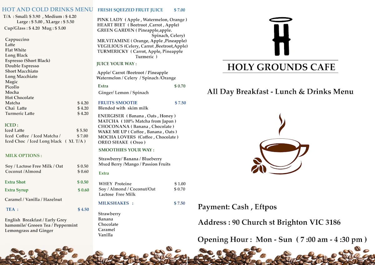 Menu, Holy Grounds Cafe