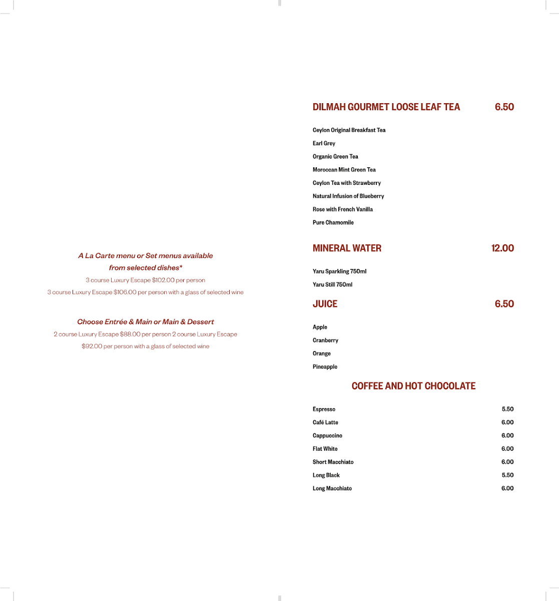 Menu, Ilkari Restaurant