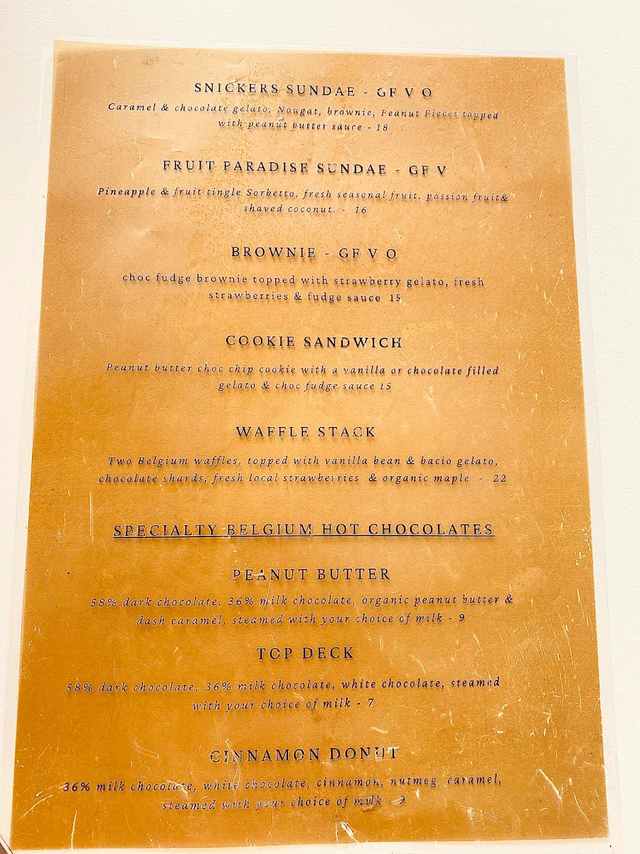 Menu, OVO Gelato Newton