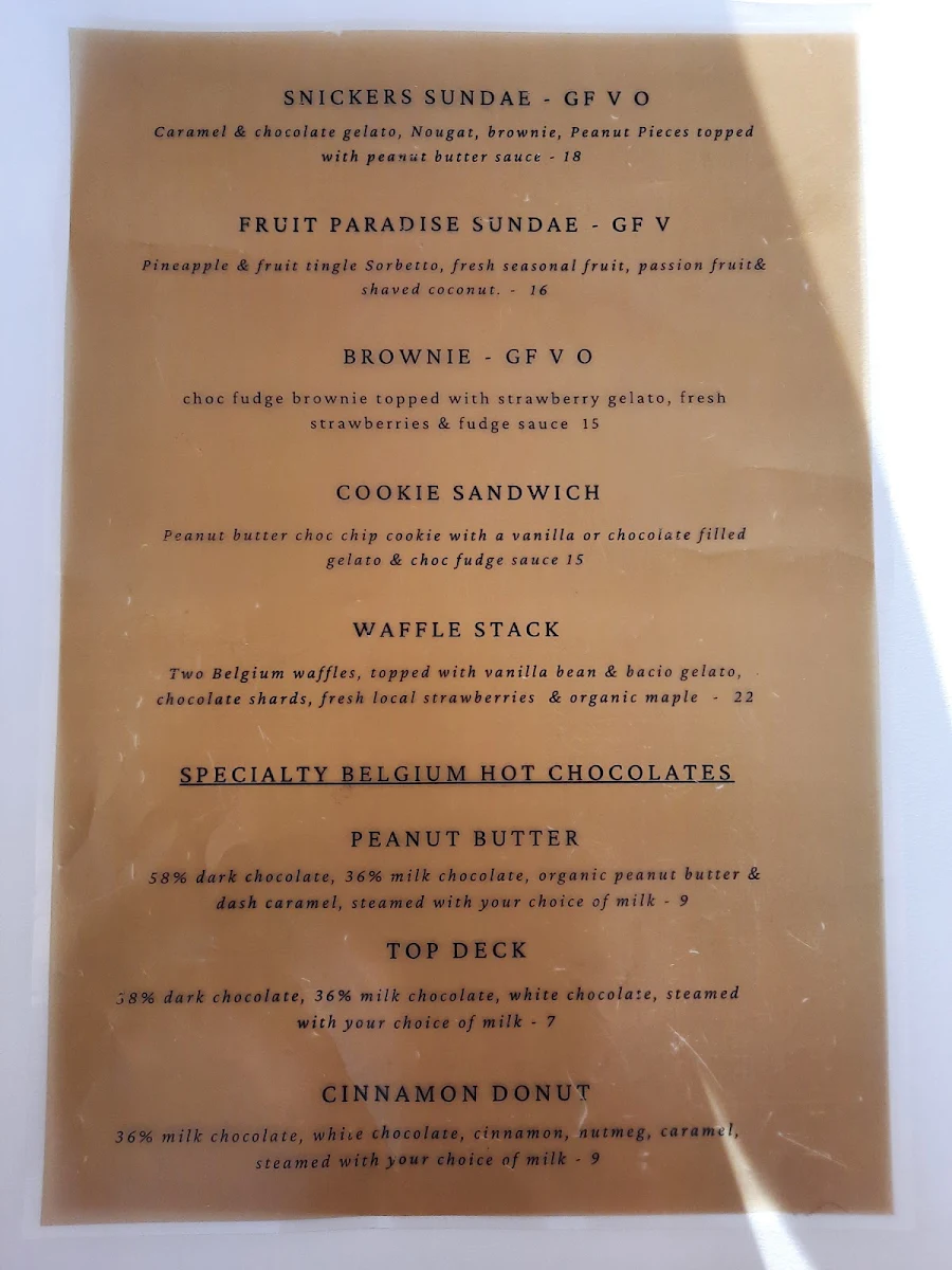 Menu, OVO Gelato Newton