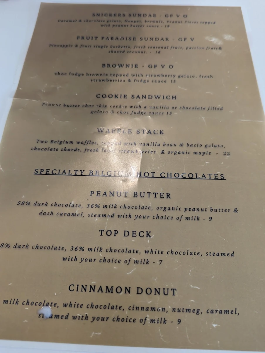 Menu, OVO Gelato Newton