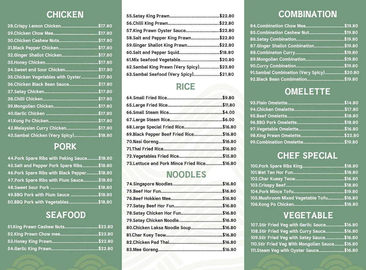 Menu, Maitland Asian Take Away
