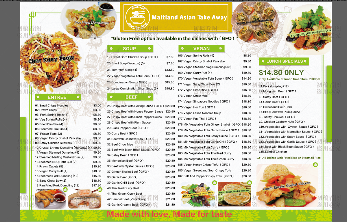 Menu, Maitland Asian Take Away